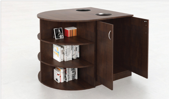 Custom Curved Storage with Cutout Finished in Chocolate Pear