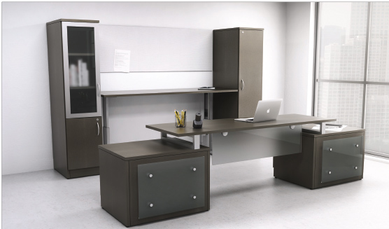 Height Adjustable Desk with Credenza Finished in Chocolate Pear