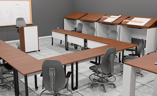 Training Tables With Hanging Modesty and Mobile Drafting Tables In Summerflame and White 